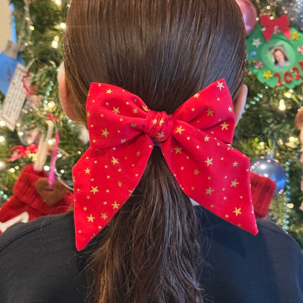 Charming Red Hair Bow with Golden Stars